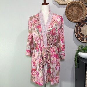 Whispers Belted Floral Cheetah Lace Pink Tan Printed Kimono Satin Robe Small